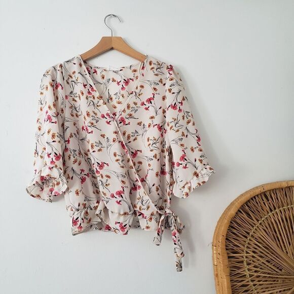 Sienna Sky Faux Wrap Cropped Blouse Floral Cream Pink Yellow Green S - Picture 1 of 6